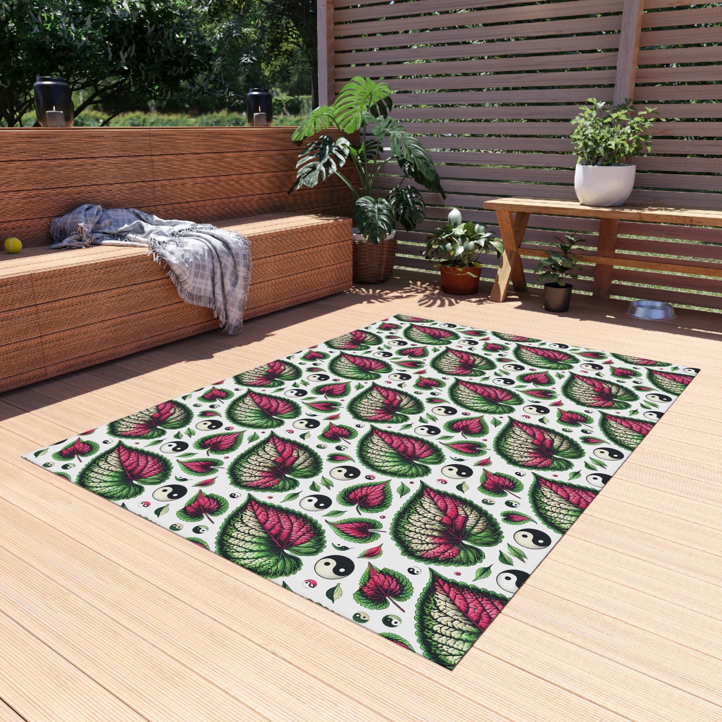 Ying Yang Vibes Leaf Print Porch Tropical Print Indoor Outdoor Rug Green Pink Patio Deck Bedroom Home Decor by Kissa Doody