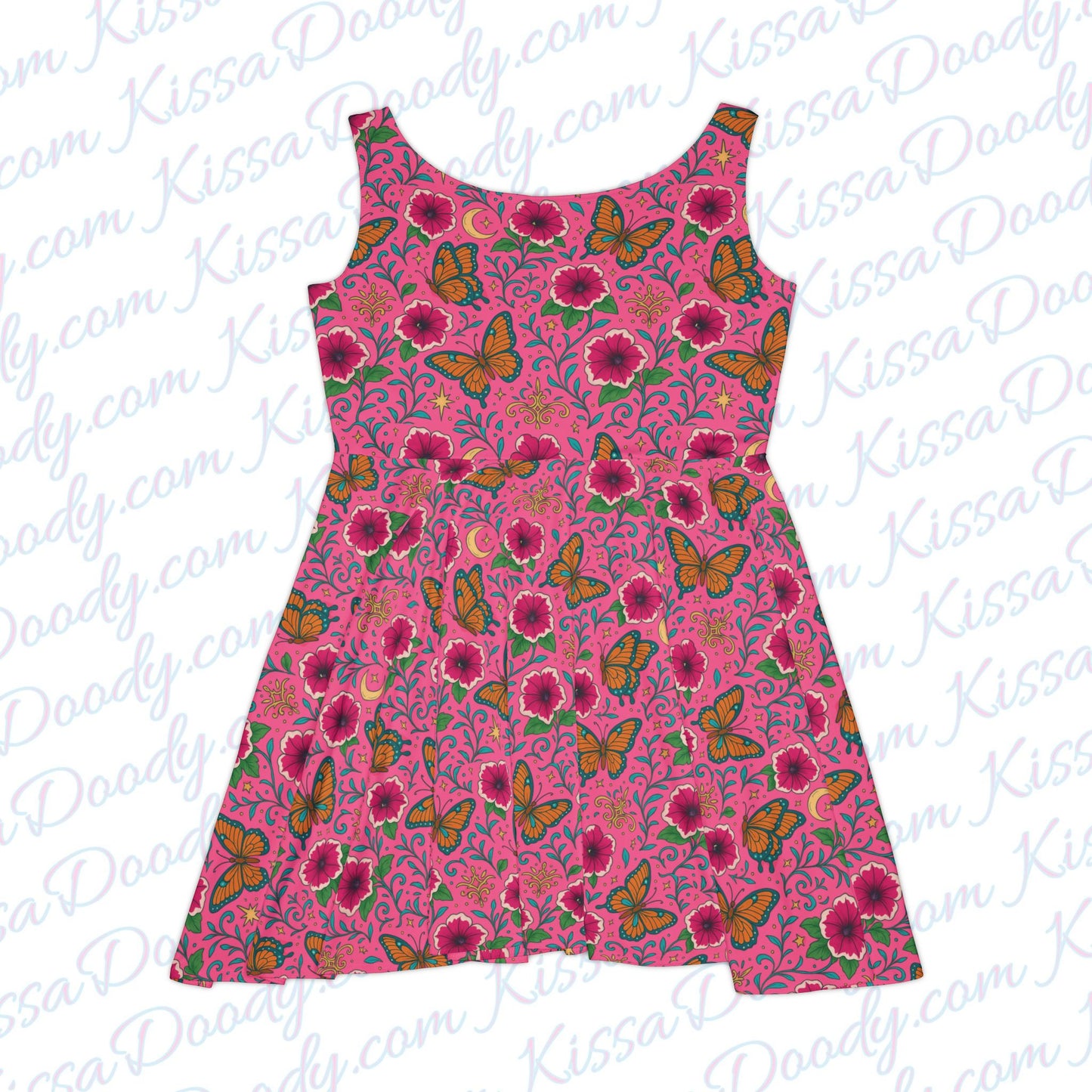 Butterflies Lunch Pink Floral Garden Tropical Butterfly Print Dress Women's Vacation Cruise Relaxing Clothing Exclusive by Kissa Doody