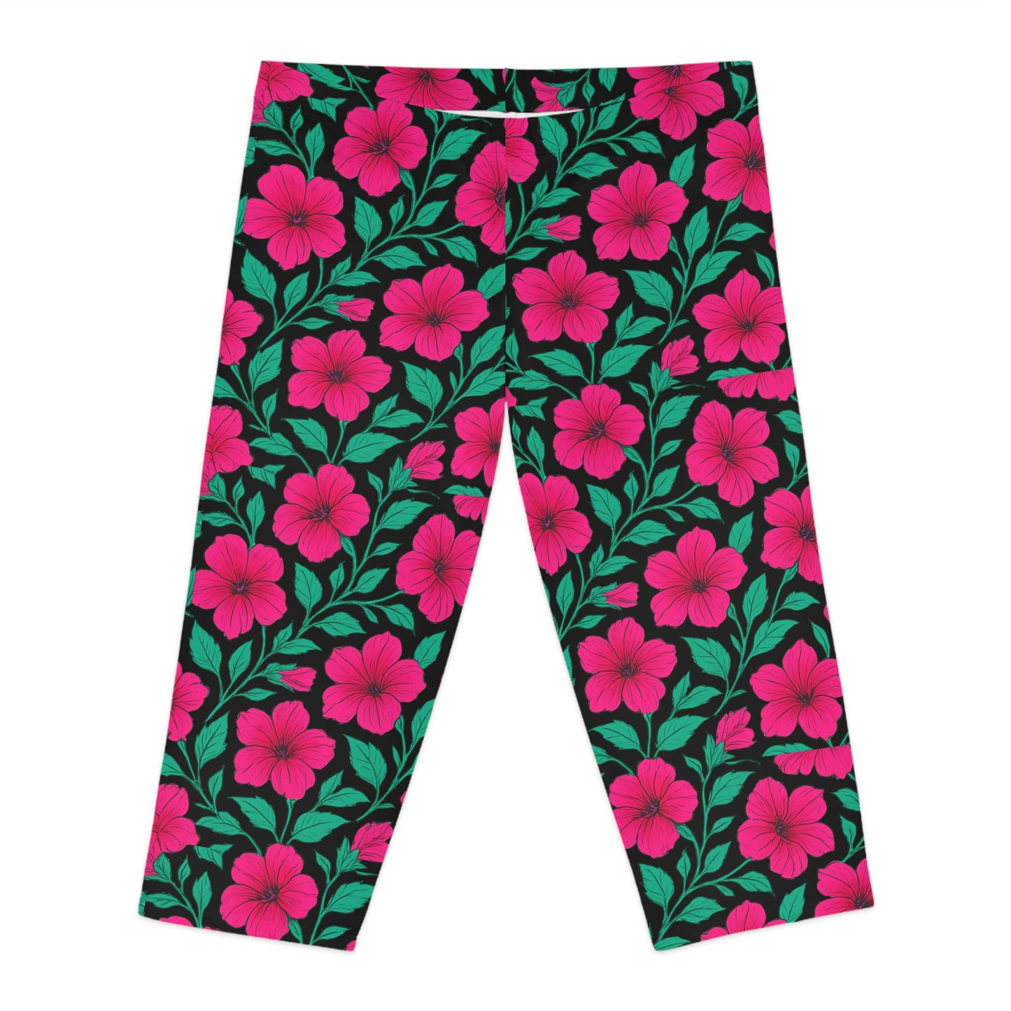 Petunia Madness Black & Pink Tropical Floral Spring Summer Women Capri Pants for Garden Parties Spring Trends by Kissa Doody