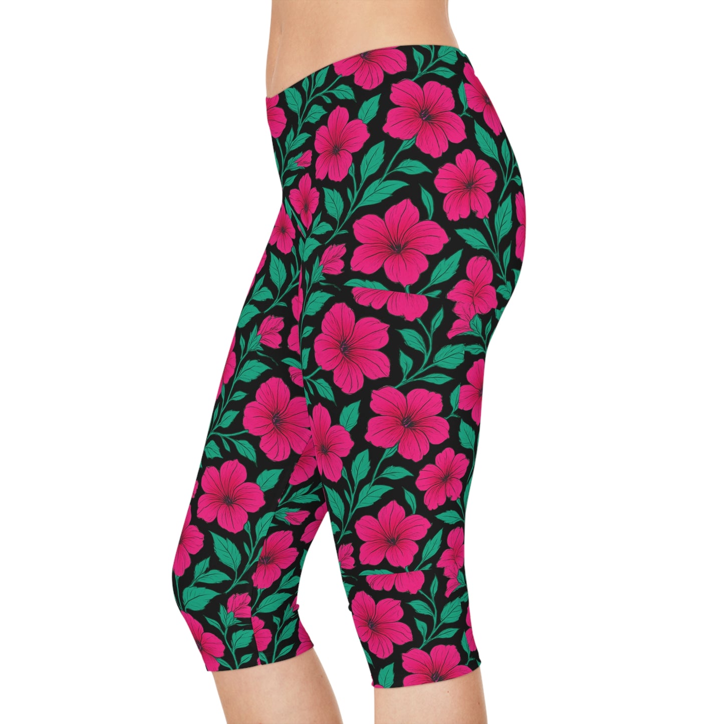 Petunia Madness Black & Pink Tropical Floral Spring Summer Women Capri Pants for Garden Parties Spring Trends by Kissa Doody