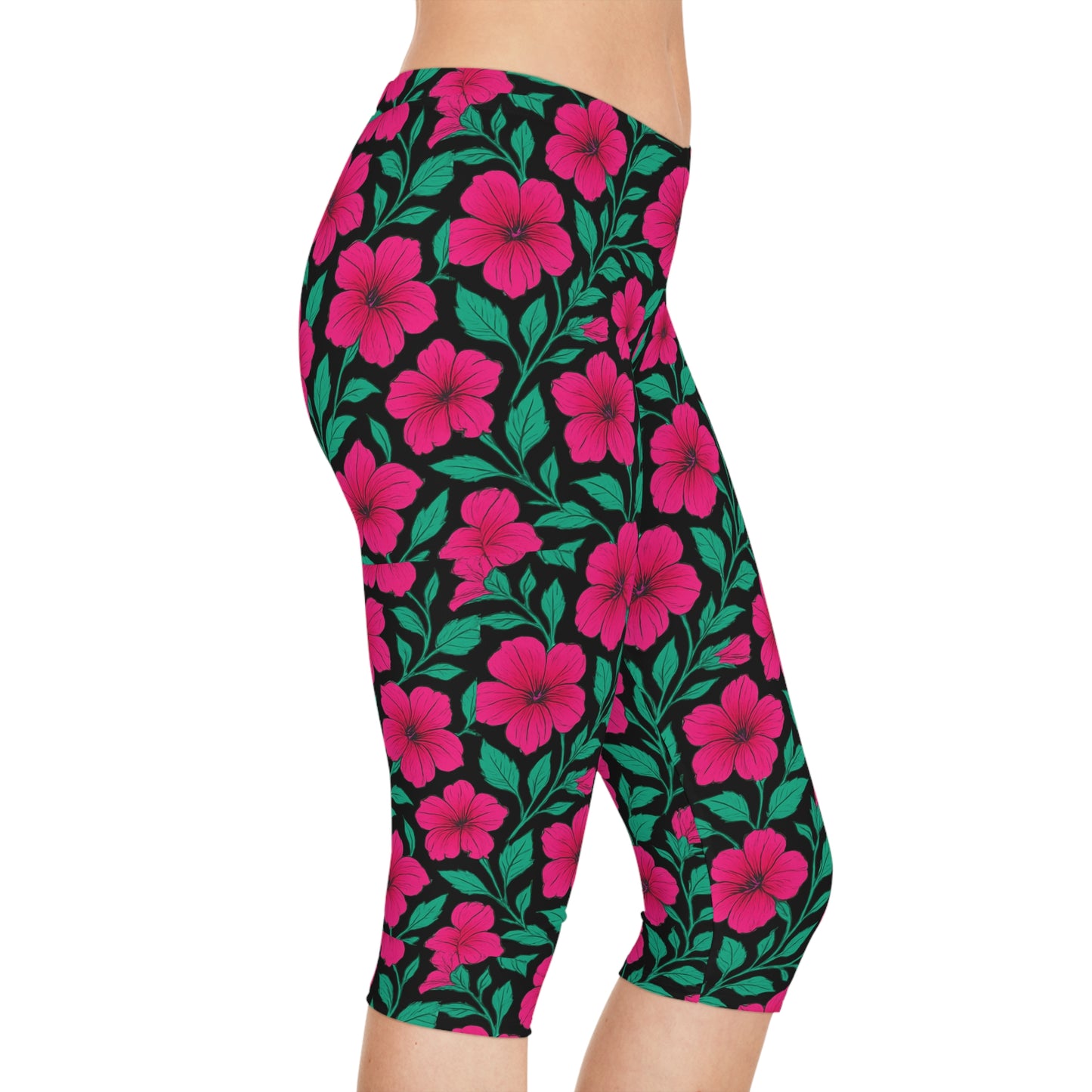 Petunia Madness Black & Pink Tropical Floral Spring Summer Women Capri Pants for Garden Parties Spring Trends by Kissa Doody