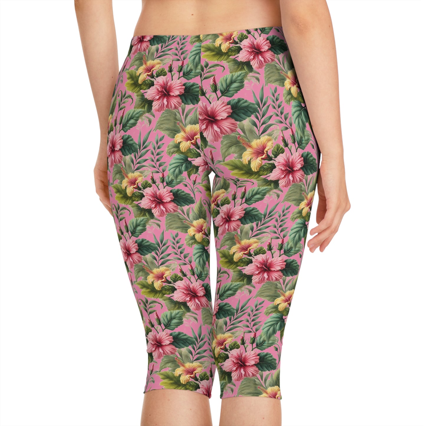 Summer Hibiscus Vibes Pink Tropical Floral Summer Women Capri Pants for Garden Parties by Kissa Doody