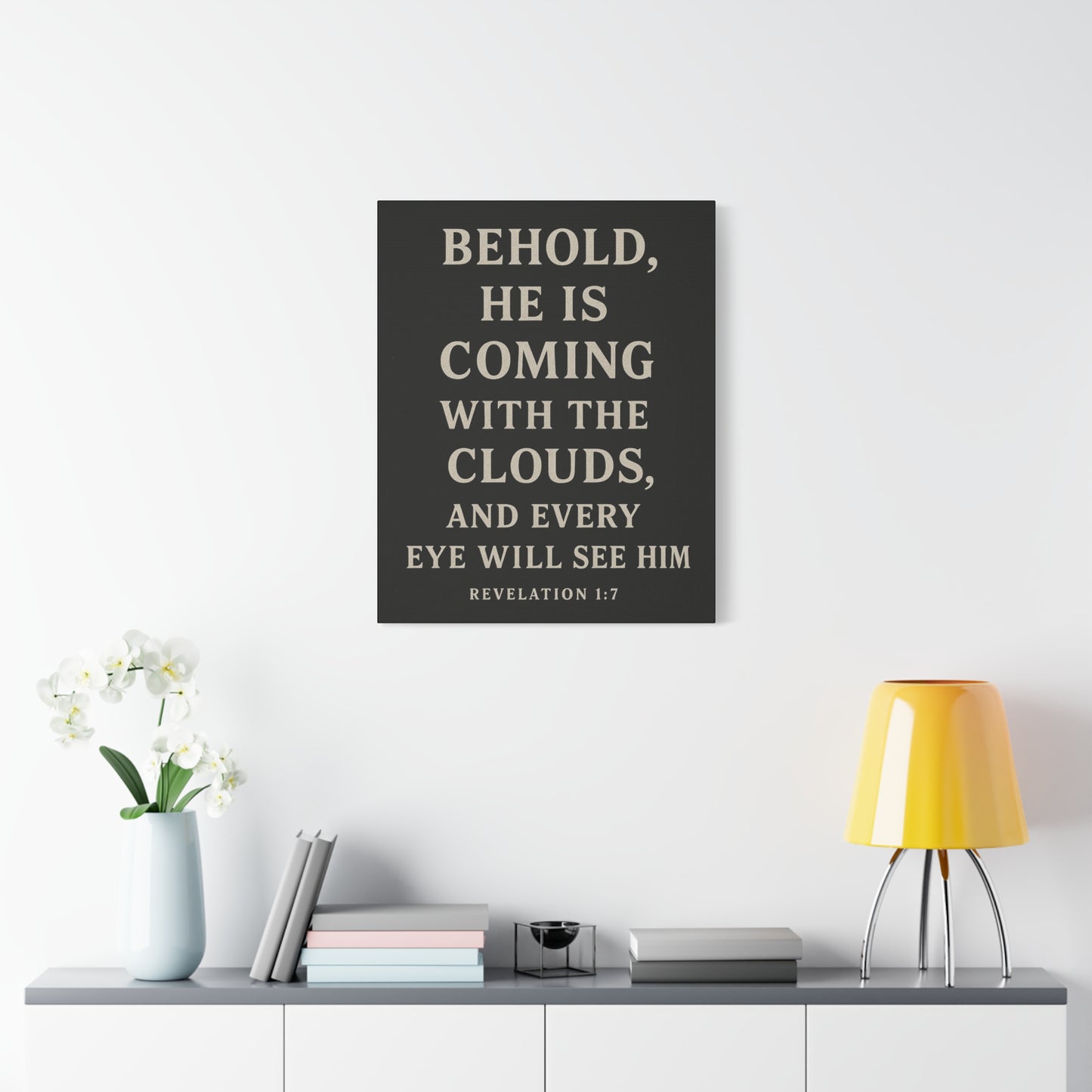 Behold He Is Coming With The Clouds and Every Eye Will See Him Book of Revelations Quote Inspirational Wall Art Canvas Religious Home Decor