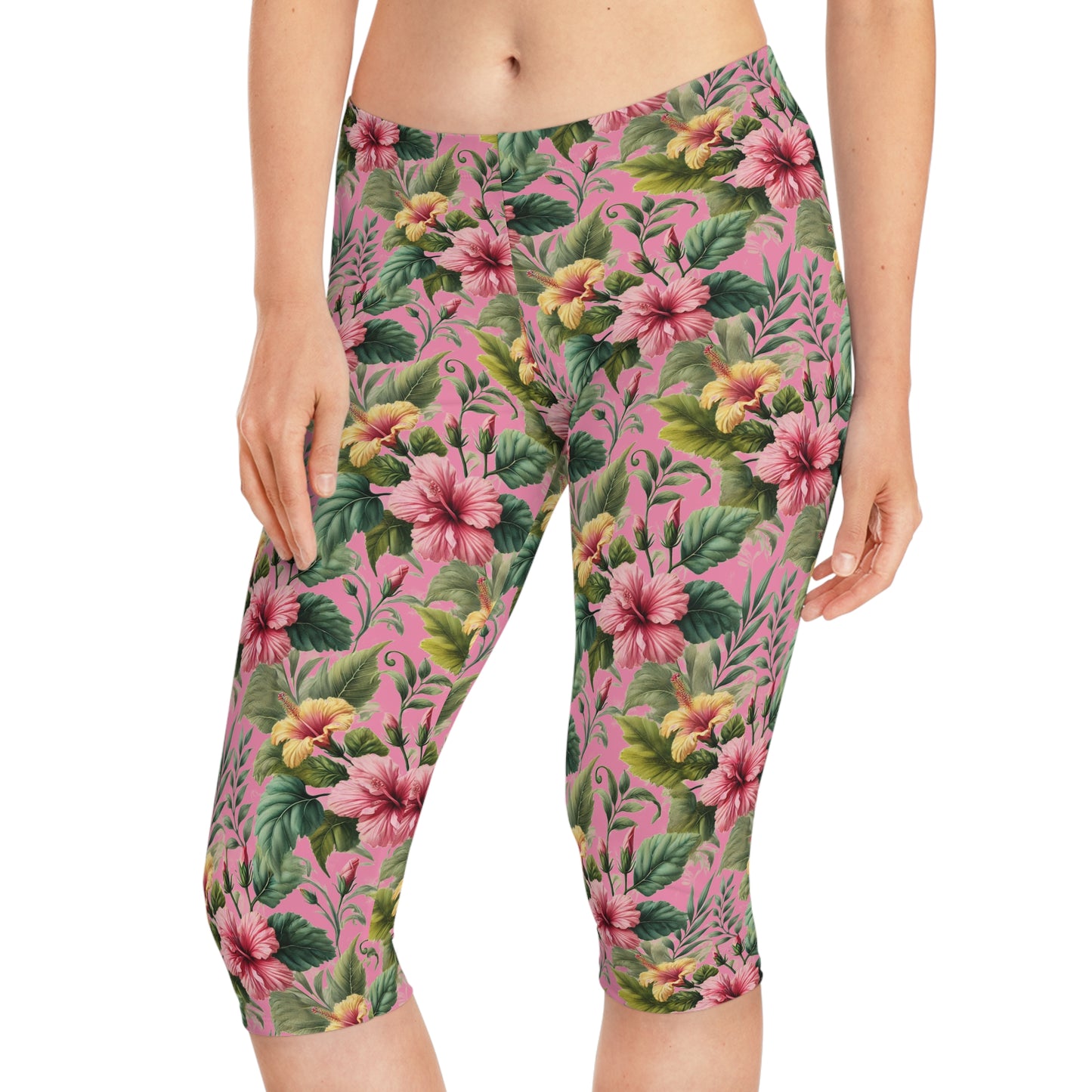 Summer Hibiscus Vibes Pink Tropical Floral Summer Women Capri Pants for Garden Parties by Kissa Doody