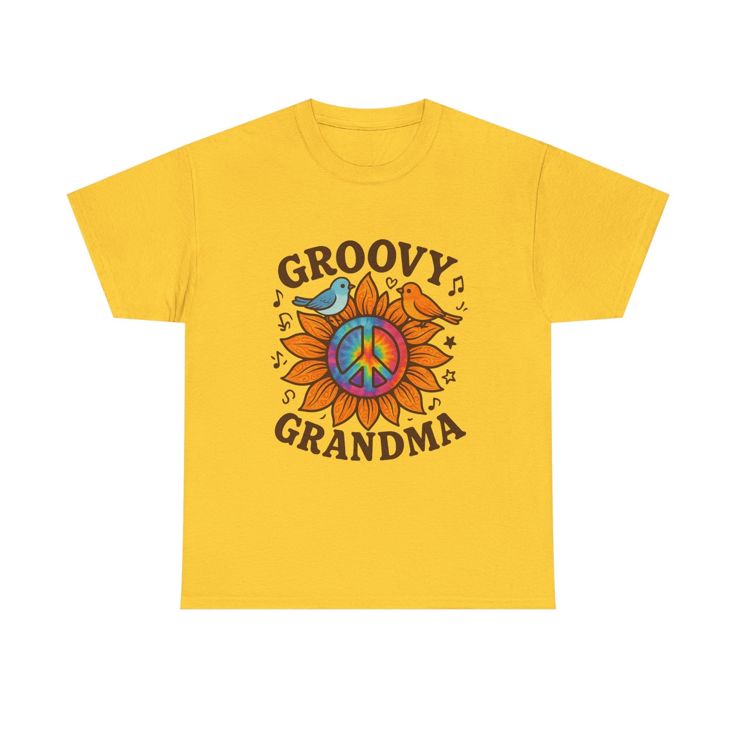 Groovy Granda Comfy T-Shirt Woodstock Peace Sign Bird Hippie Nana Gifts Heavy Cotton Tee in Different Color Options by Kissa Doody