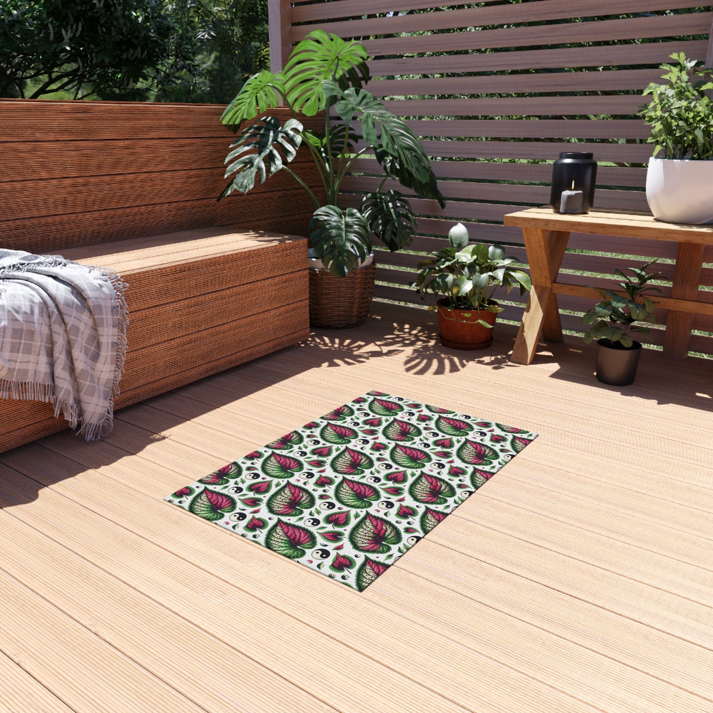 Ying Yang Vibes Leaf Print Porch Tropical Print Indoor Outdoor Rug Green Pink Patio Deck Bedroom Home Decor by Kissa Doody