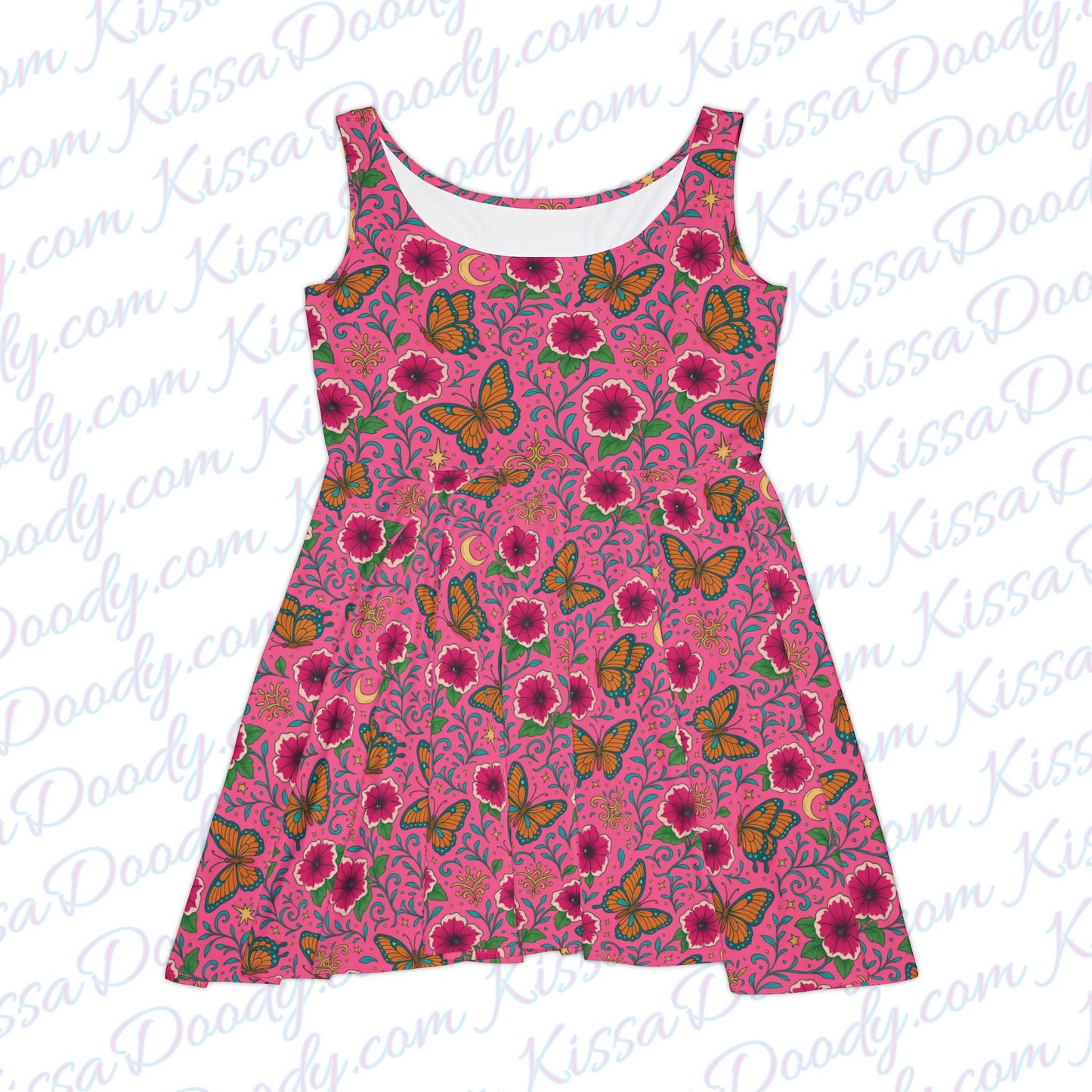 Butterflies Lunch Pink Floral Garden Tropical Butterfly Print Dress Women's Vacation Cruise Relaxing Clothing Exclusive by Kissa Doody