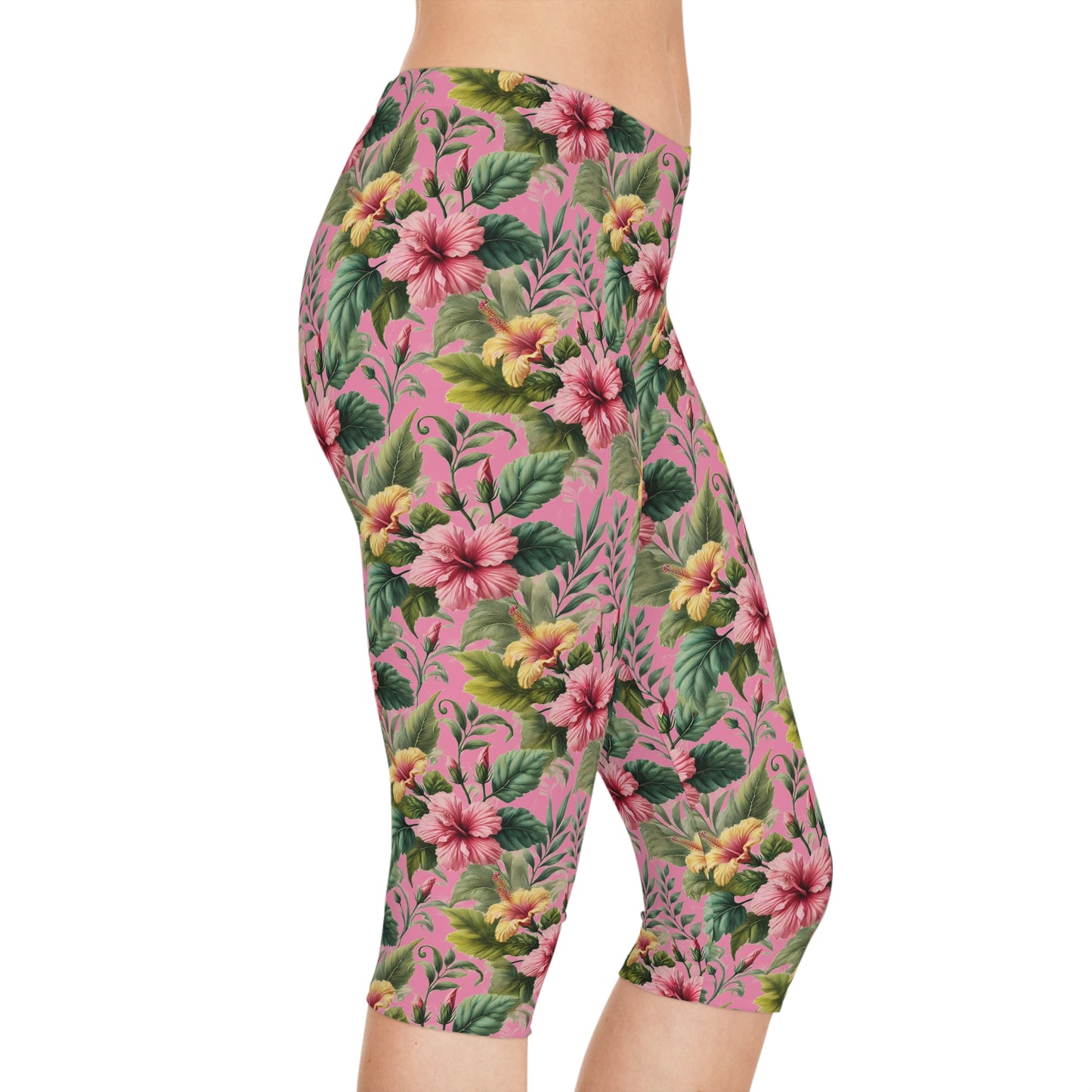Summer Hibiscus Vibes Pink Tropical Floral Summer Women Capri Pants for Garden Parties by Kissa Doody