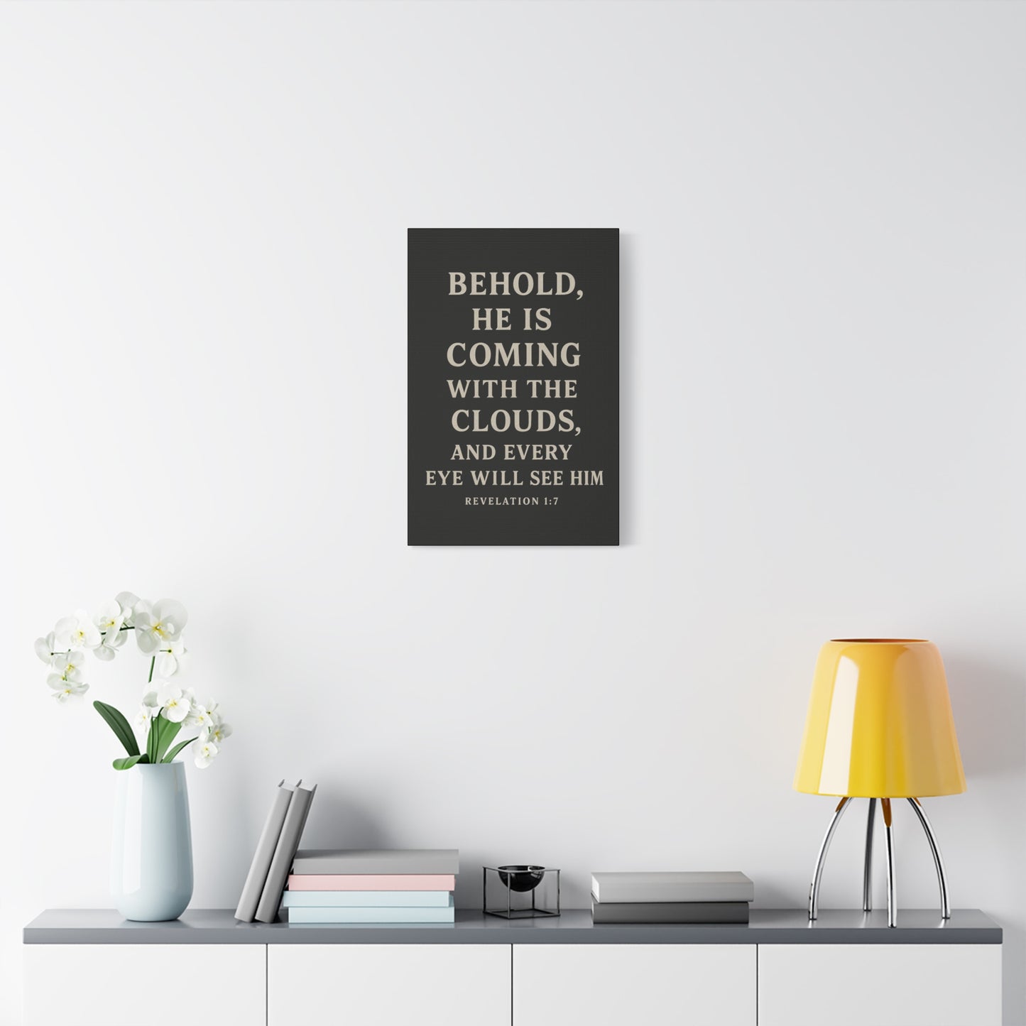 Behold He Is Coming With The Clouds and Every Eye Will See Him Book of Revelations Quote Inspirational Wall Art Canvas Religious Home Decor