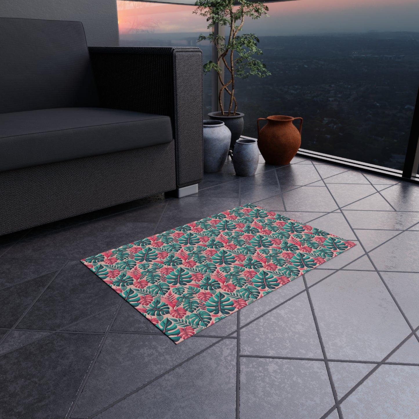 Don't Worry Be Happy Tropical Leaf Print Indoor Outdoor Rug Pink Patio Deck Decor Bedroom Custom Mat Home Decor Exclusively by Kissa Doody