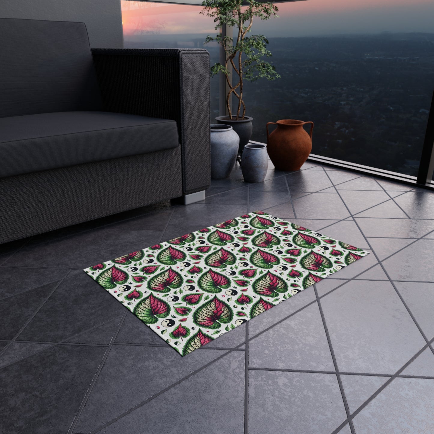 Ying Yang Vibes Leaf Print Porch Tropical Print Indoor Outdoor Rug Green Pink Patio Deck Bedroom Home Decor by Kissa Doody
