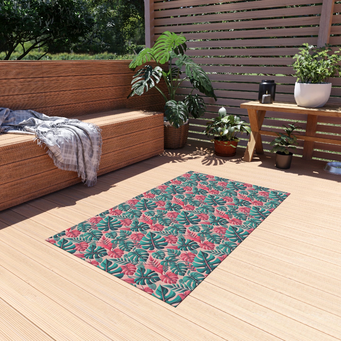 Don't Worry Be Happy Tropical Leaf Print Indoor Outdoor Rug Pink Patio Deck Decor Bedroom Custom Mat Home Decor Exclusively by Kissa Doody