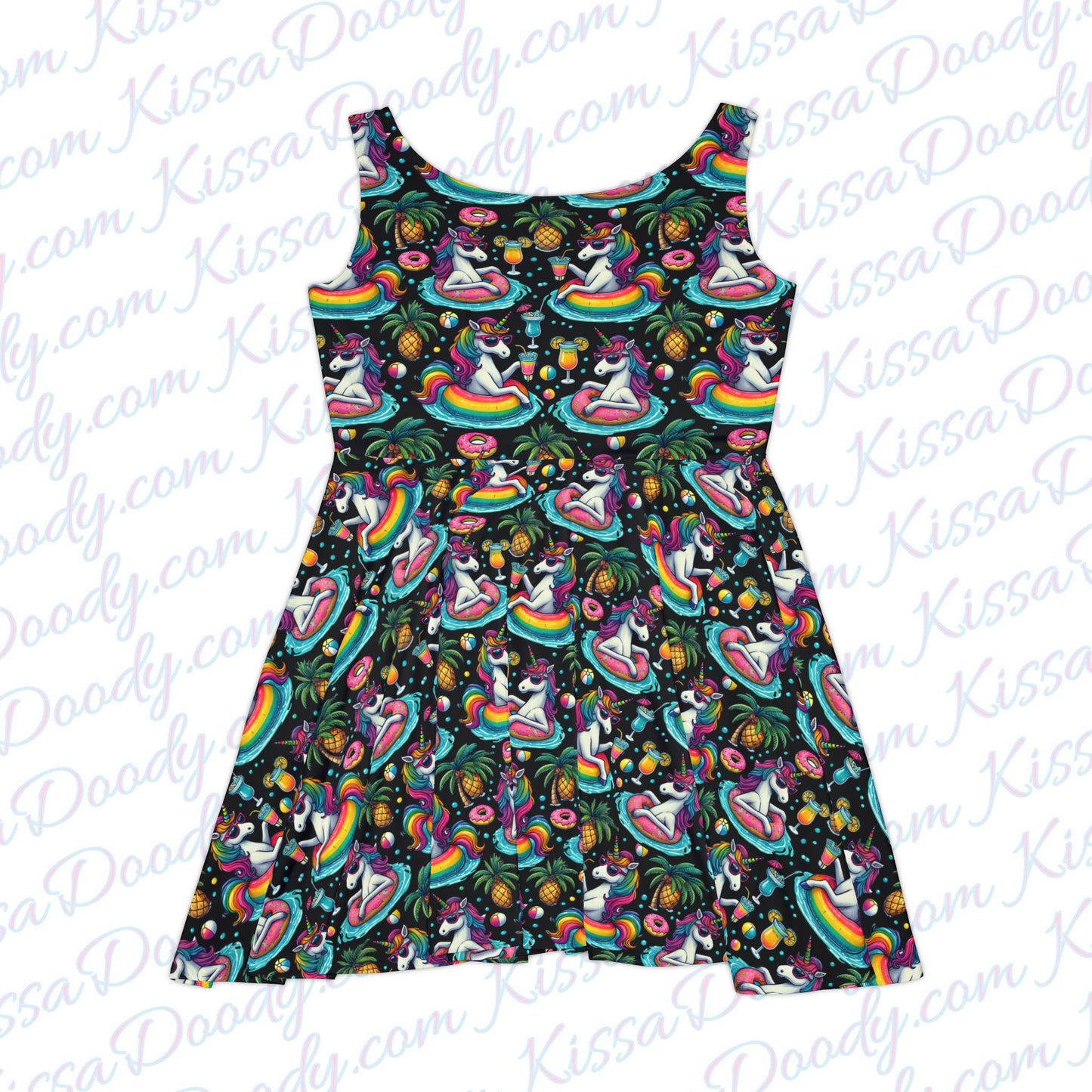 Unicorn Cheers From Rainbow Land Drinking Pool Party Spring Print Black Women's Teens Fun Summer Dress Exclusively by Kissa Doody