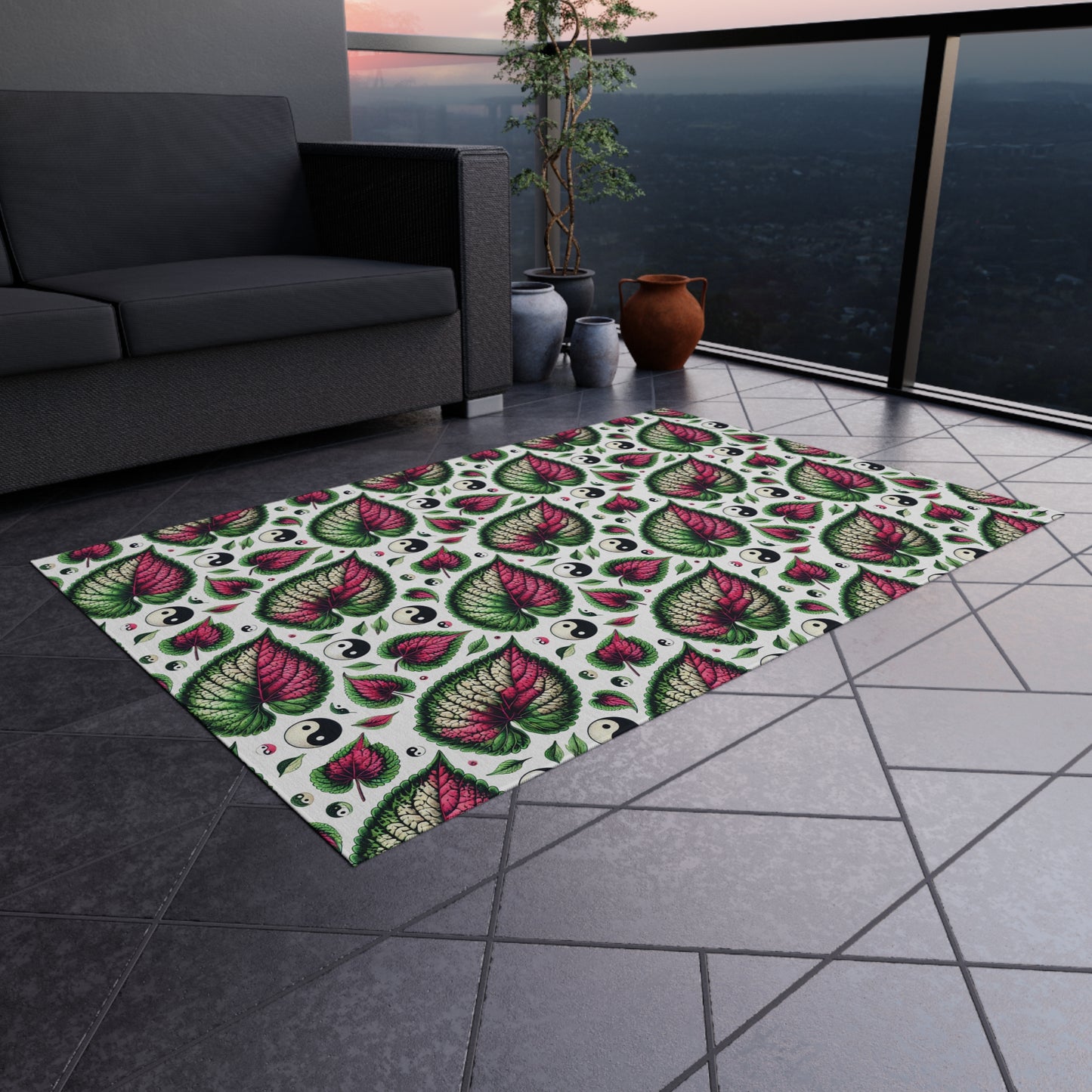 Ying Yang Vibes Leaf Print Porch Tropical Print Indoor Outdoor Rug Green Pink Patio Deck Bedroom Home Decor by Kissa Doody