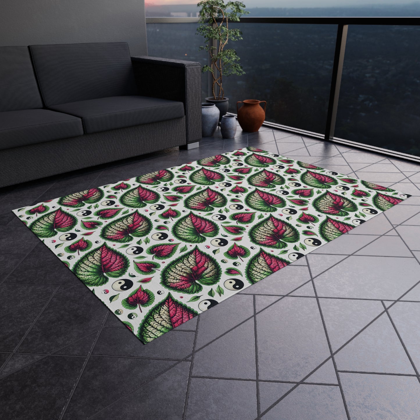 Ying Yang Vibes Leaf Print Porch Tropical Print Indoor Outdoor Rug Green Pink Patio Deck Bedroom Home Decor by Kissa Doody