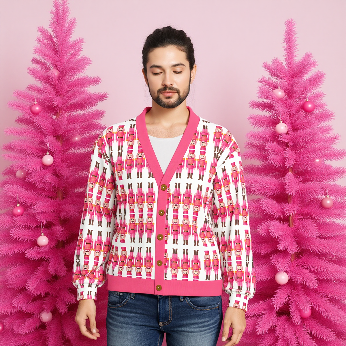 Unisex V-Neck Fleece Cardigan Pink Mustache Nutcracker Print - Warm Winter Ugly Christmas Sweater