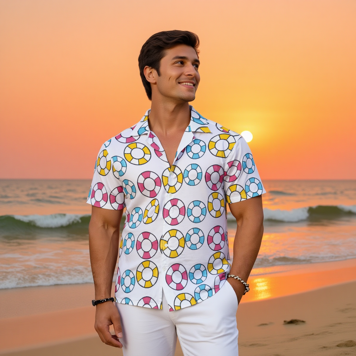 Men's Hawaiian Shirt With Button Closure Pink Yellow Blue Swim Ring Pattern Lightweight Cruise Shirt