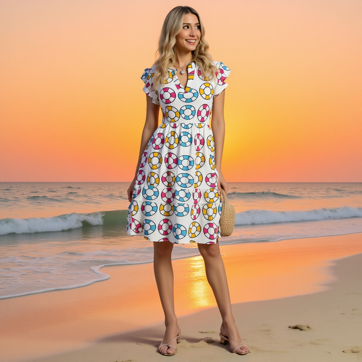 Women's Pink Blue Yellow Swim Rings Midi Dress with Pockets for Cruise & Beach Vacations