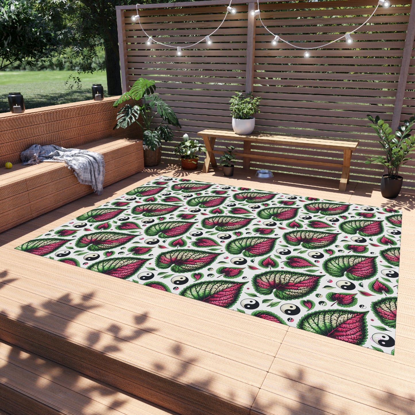 Ying Yang Vibes Leaf Print Porch Tropical Print Indoor Outdoor Rug Green Pink Patio Deck Bedroom Home Decor by Kissa Doody