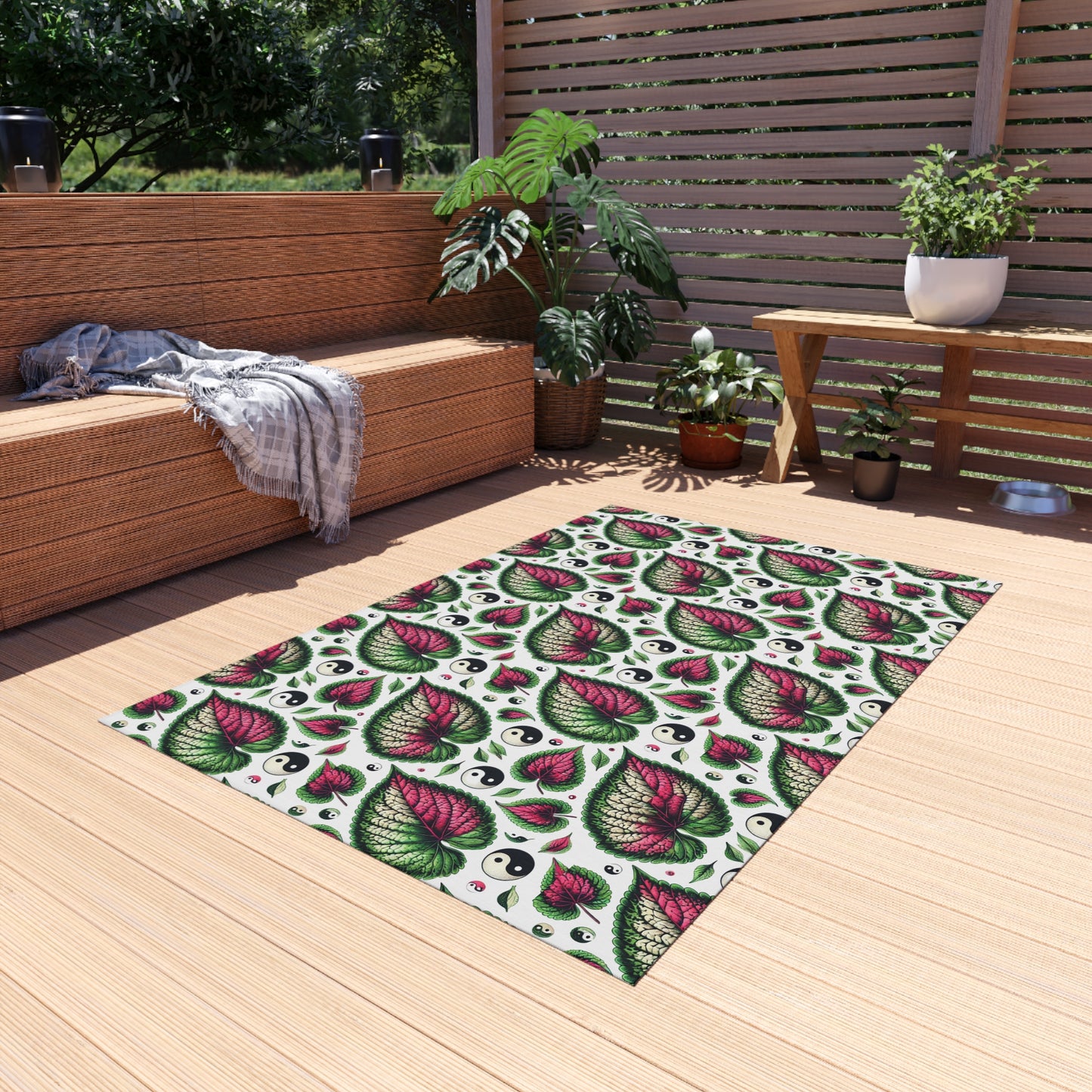 Ying Yang Vibes Leaf Print Porch Tropical Print Indoor Outdoor Rug Green Pink Patio Deck Bedroom Home Decor by Kissa Doody
