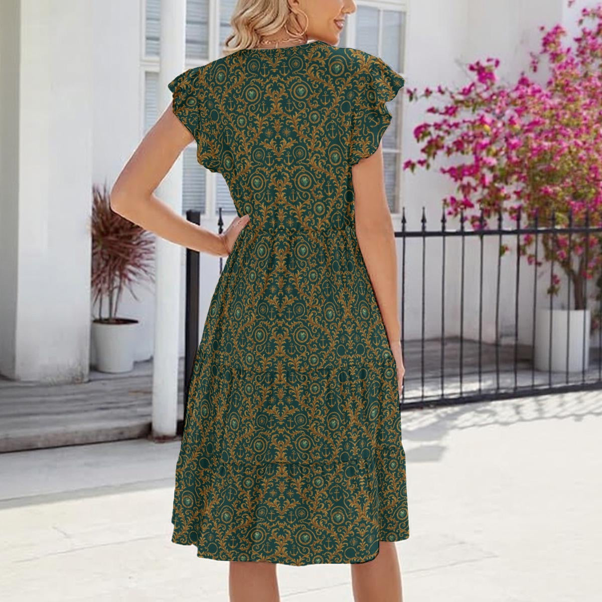 Vintage Nautical Green & Gold Rope Dress for Women – Cruise Outfit with Pockets