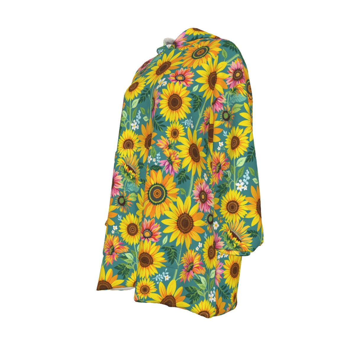 Sea Green Sunflower Sherpa Fleece Hoodie Blanket Women’s Cozy Wearable Blanket