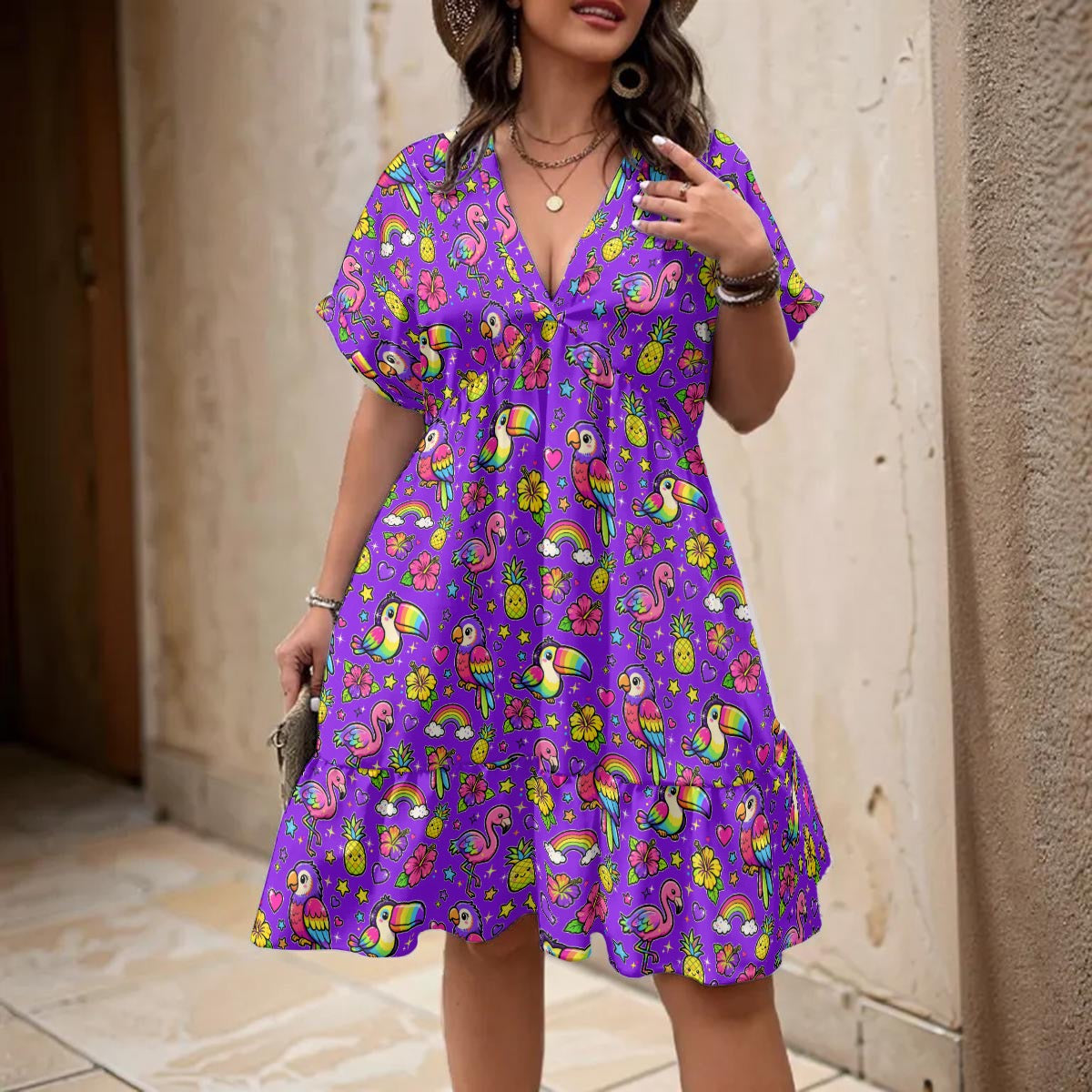 90s Purple Tropical Birds Dress for Women โ Retro V-Neck A-Line Dress