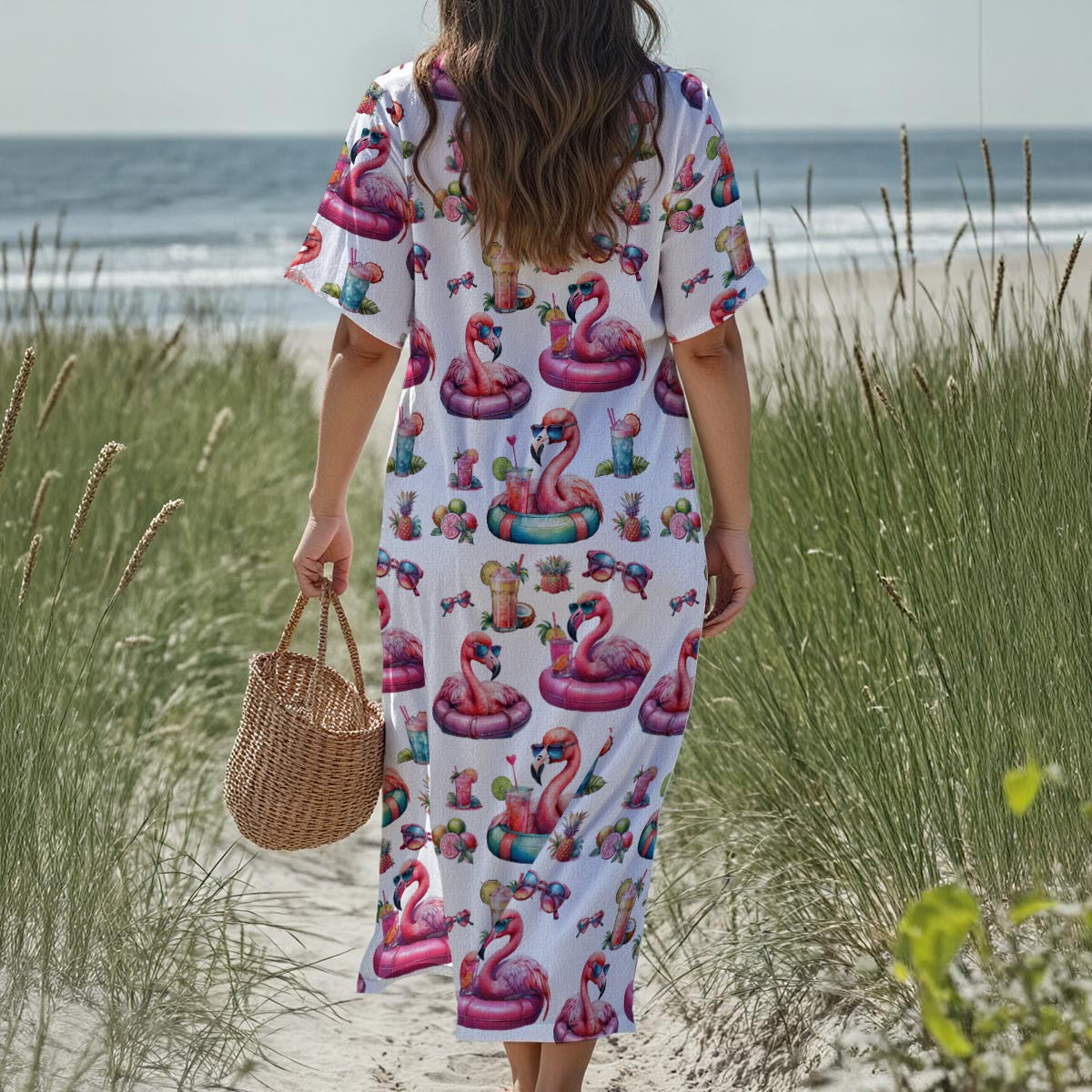 Women's Loose V-Neck Summer Jumpsuit with Flamingo Print for Cruise & Pool Party
