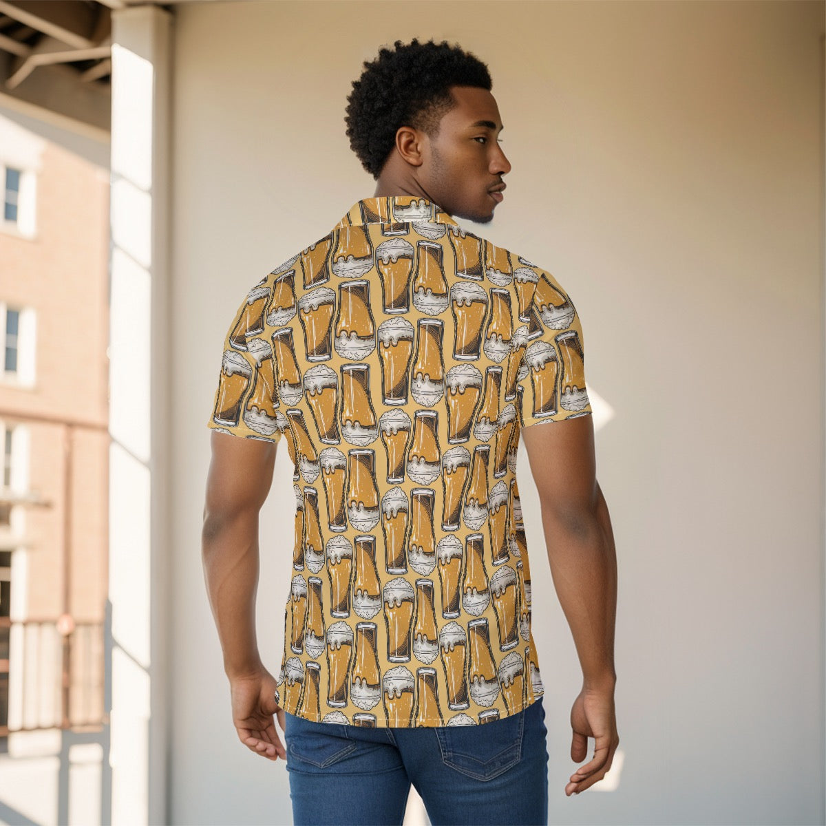 Men's Beer Mug Cruise Vacation Pattern Button Up Shirt - Breathable Stretch Fabric