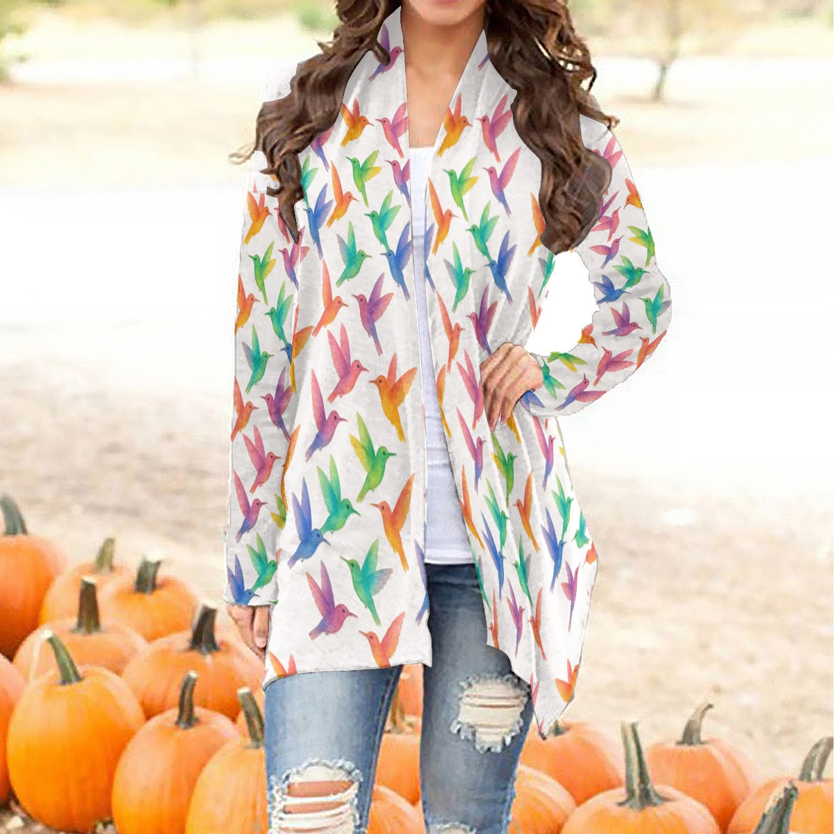 Rainbow Hummingbirds All-Over Print Women's Cardigan With Long Sleeve
