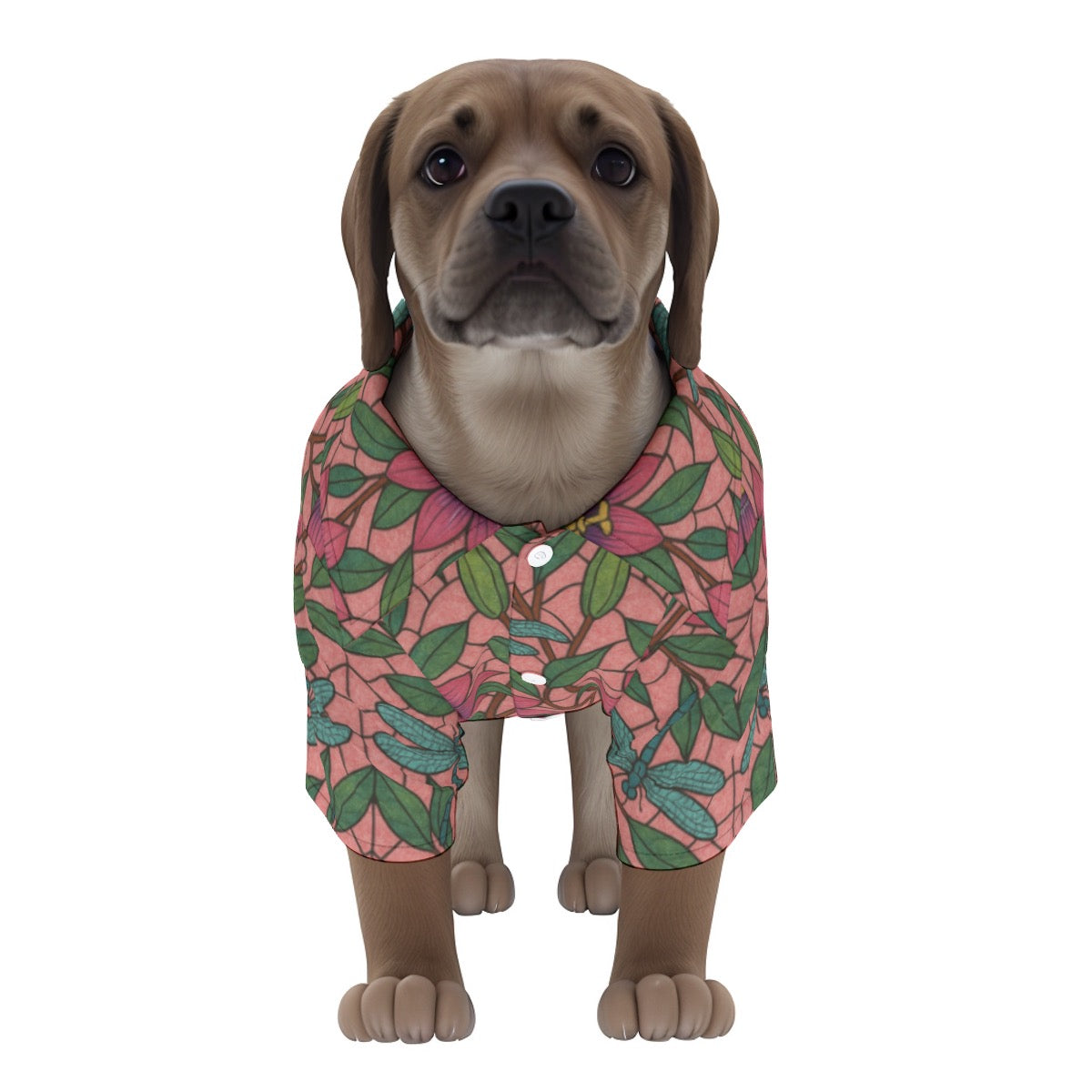 Pet's Hawaiian Shirt Stained Glass Passion Flowers and Dragonflies Print, Breathable Pink Floral
