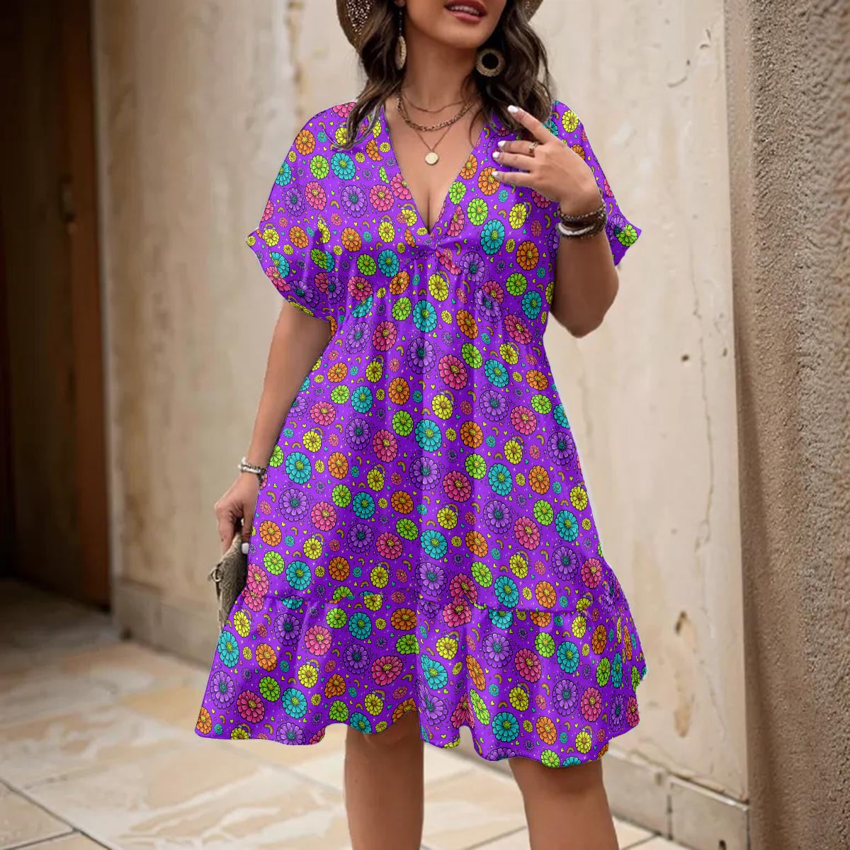 60s Purple Pop Art Zinnia Dress for Women โ Retro Floral V-Neck A-Line Dress
