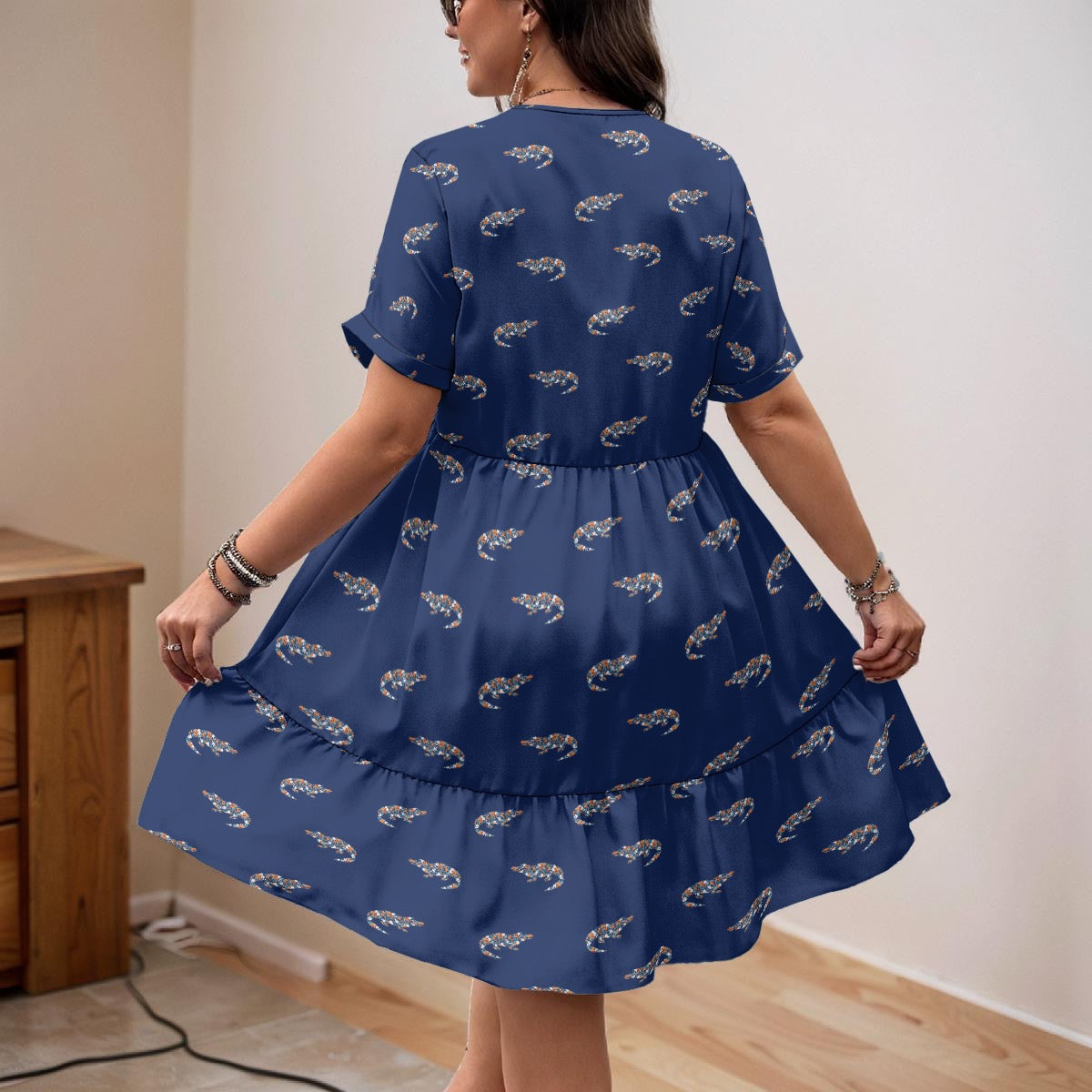 Women’s Florida Gators Inspired Floral V-Neck Dress – Dark Blue Short Sleeve Fan Dress
