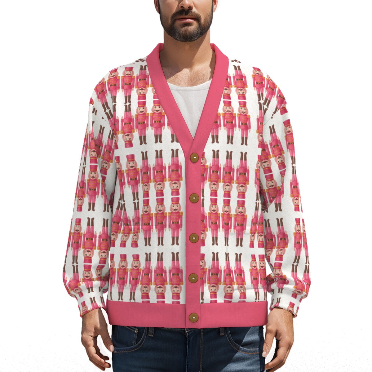 Unisex V-Neck Fleece Cardigan Pink Mustache Nutcracker Print - Warm Winter Ugly Christmas Sweater