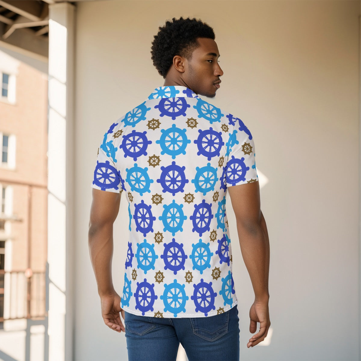 Captain's Wheel Geometric Cruise Shirt for Men - Blue White Pattern Summer Wear