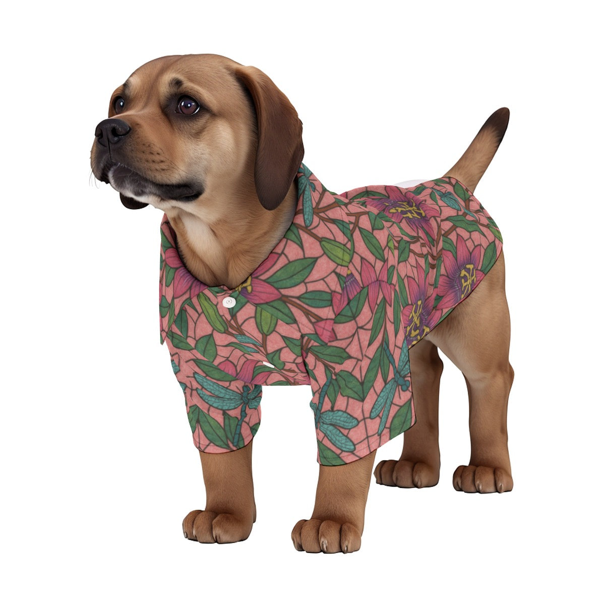 Pet's Hawaiian Shirt Stained Glass Passion Flowers and Dragonflies Print, Breathable Pink Floral