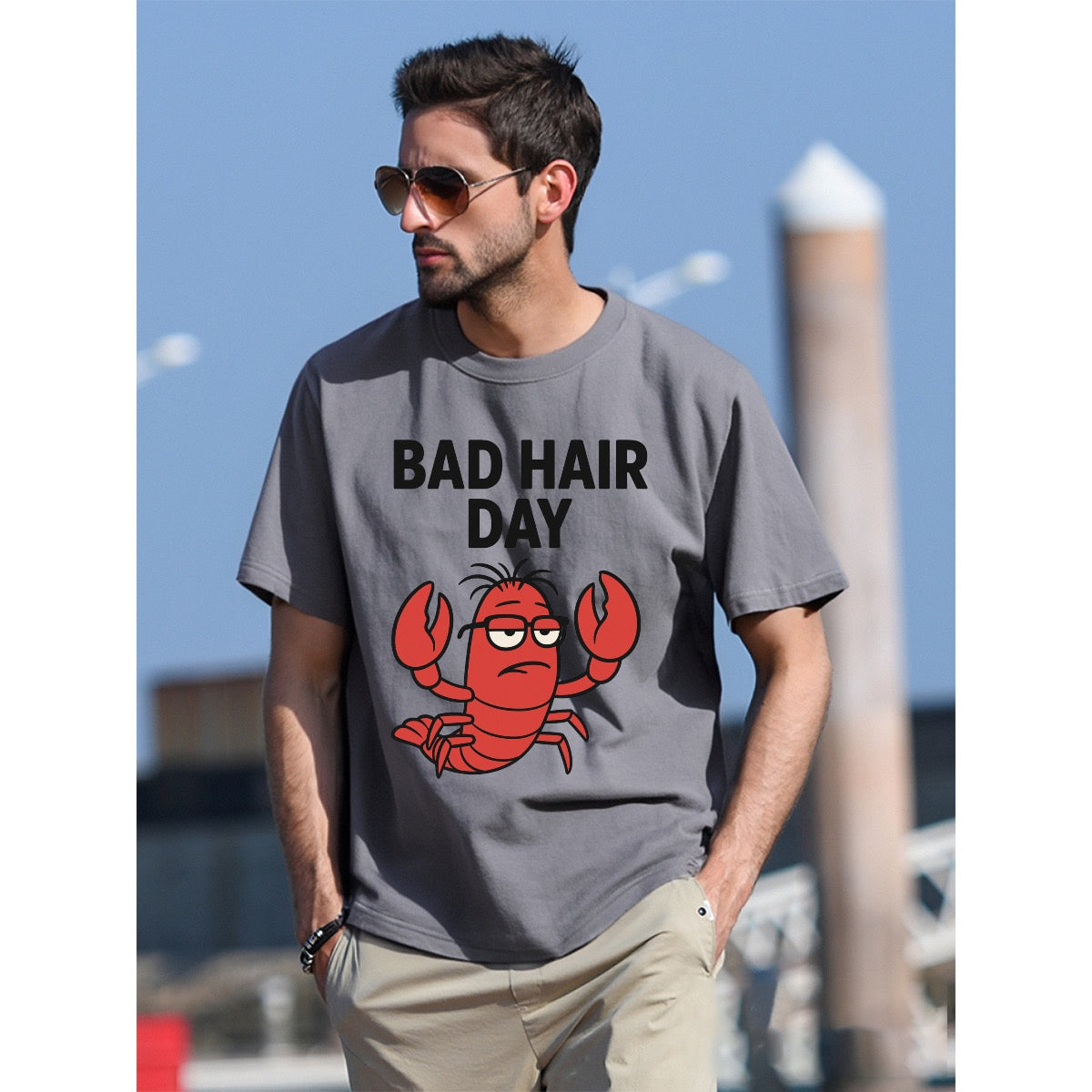 Men's Bad Hair Day Lobster Funny Meme T-Shirt, USA Flag Design, 180GSM Soft Cotton Tee
