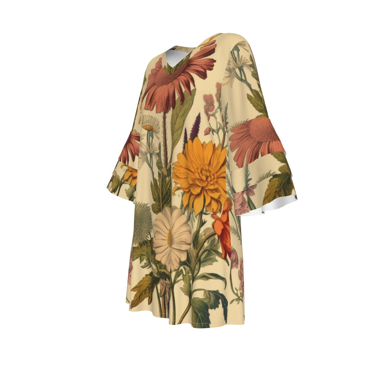 Fall Floral Hippie All-Over Print Women's Stacked Ruffle Sleeve Dress