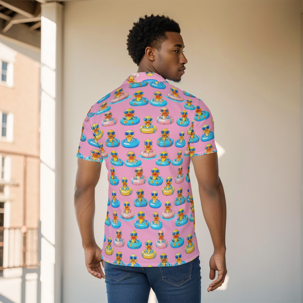 Pink Rubber Duckie 80s Style Men's Button Up Shirt - Matching Vacation Look