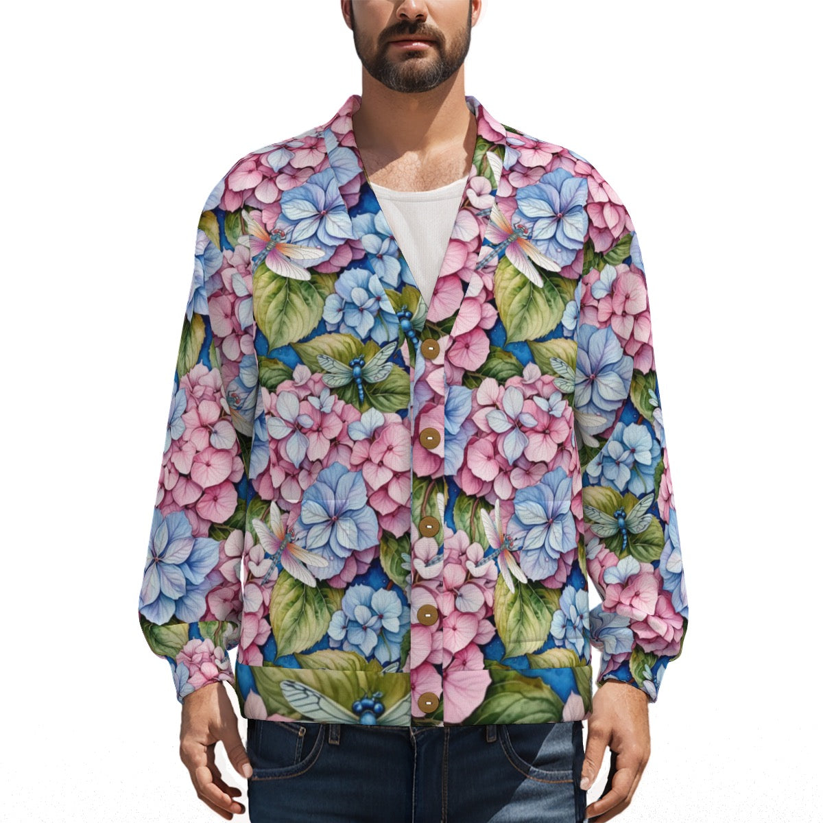 Unisex Garden Hydrangea Dragonfly V-Neck Hacci Fleece Cardigan with Floral Gardening Pattern