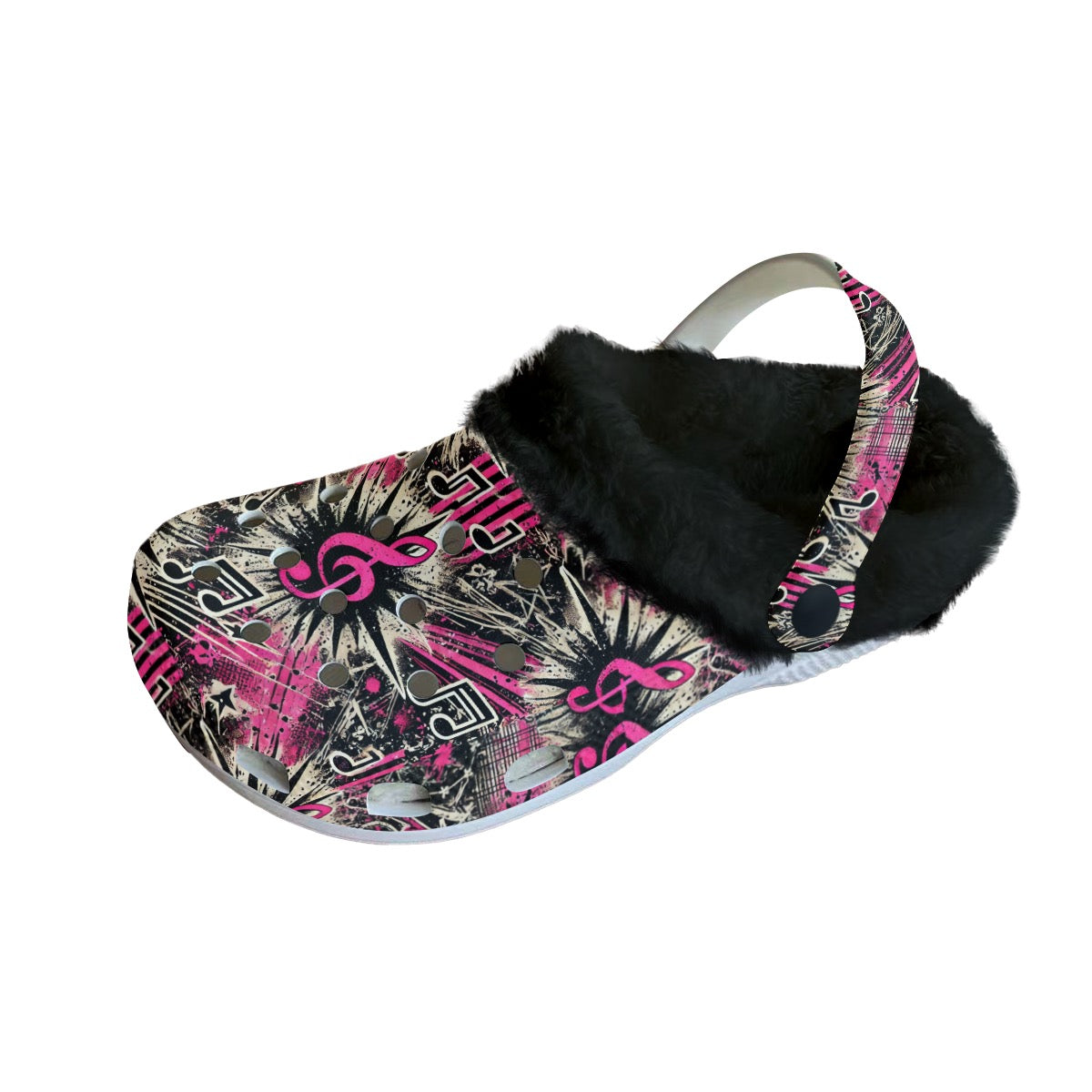 Women's Classic Pink Punk Rock Rockabilly Fleece Clogs Music Notes Design | Anti-Slip EVA