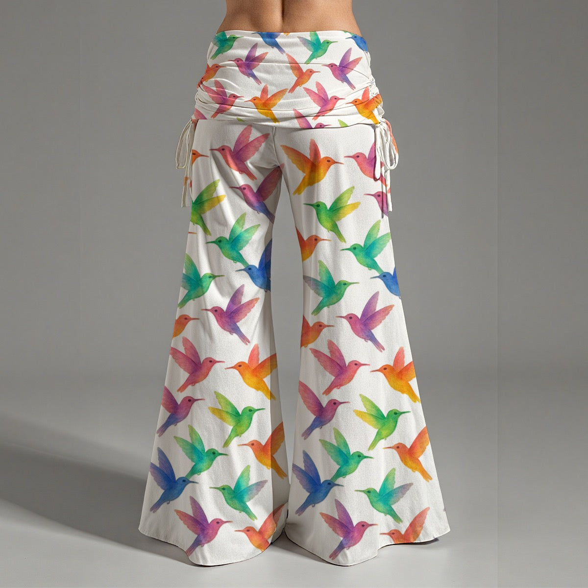 Women's High Waist Wide Leg Pants with Watercolor Rainbow Colorful Hummingbird Print