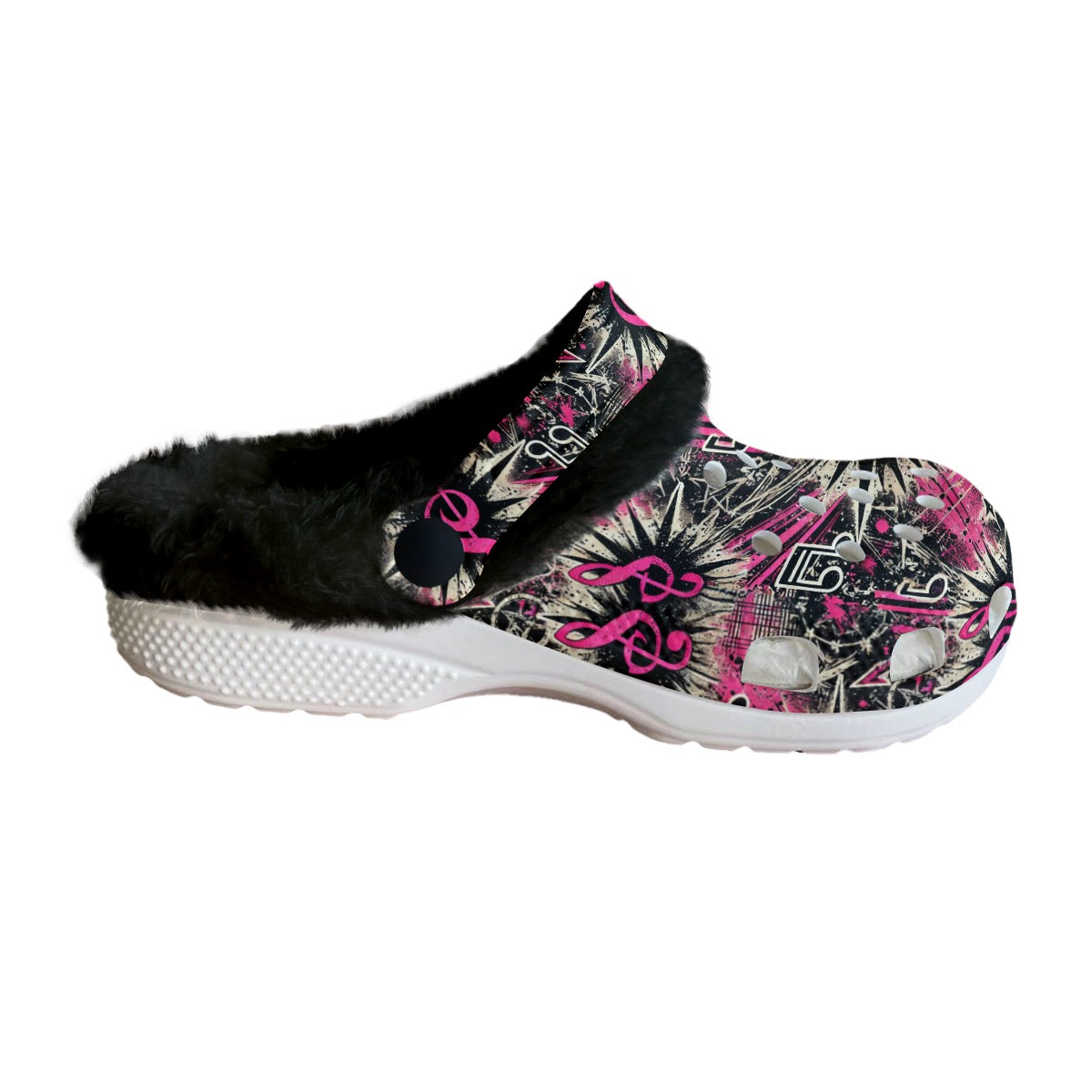 Women's Classic Pink Punk Rock Rockabilly Fleece Clogs Music Notes Design | Anti-Slip EVA