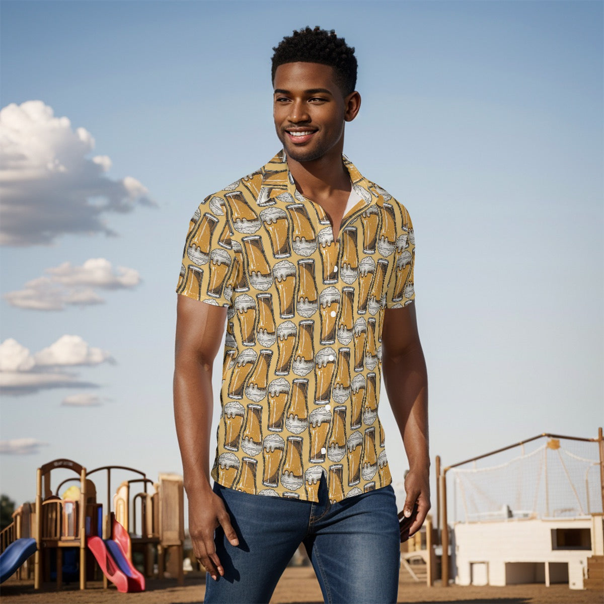 Men's Beer Mug Cruise Vacation Pattern Button Up Shirt - Breathable Stretch Fabric