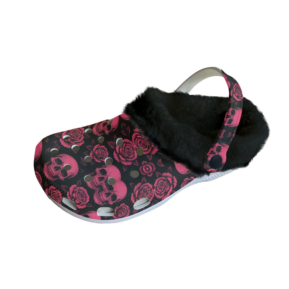 Pink Skull & Roses Women's Classic Clogs with Fleece Garden Design, Anti-Slip EVA