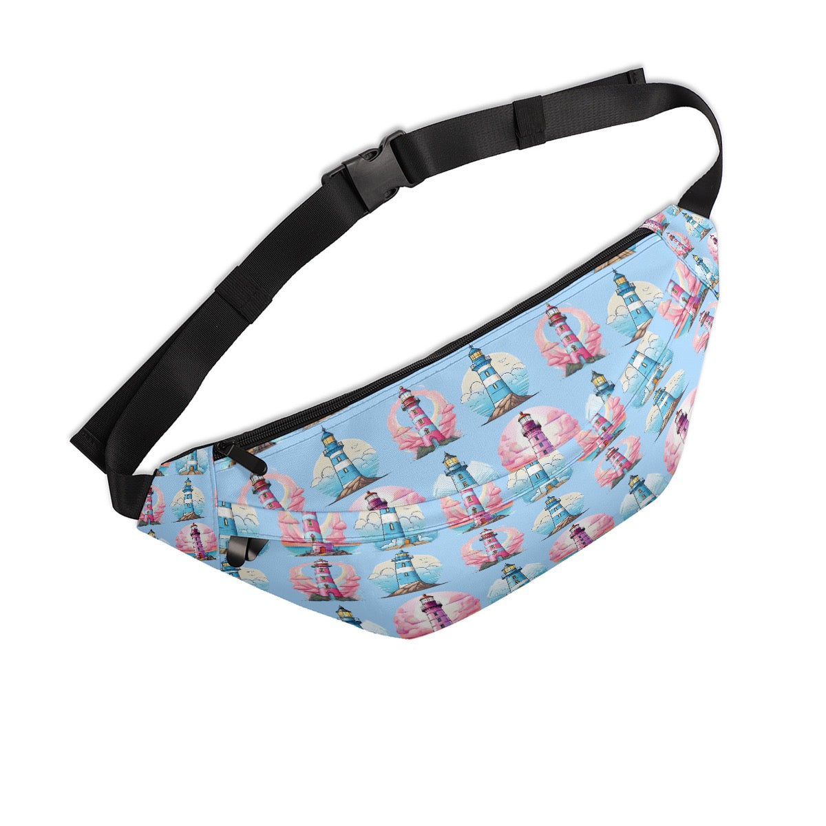 Pink & Blue Lighthouse Fanny Pack Nautical Travel Waist Bag | Cruise & Beach Access Large Fanny Bag