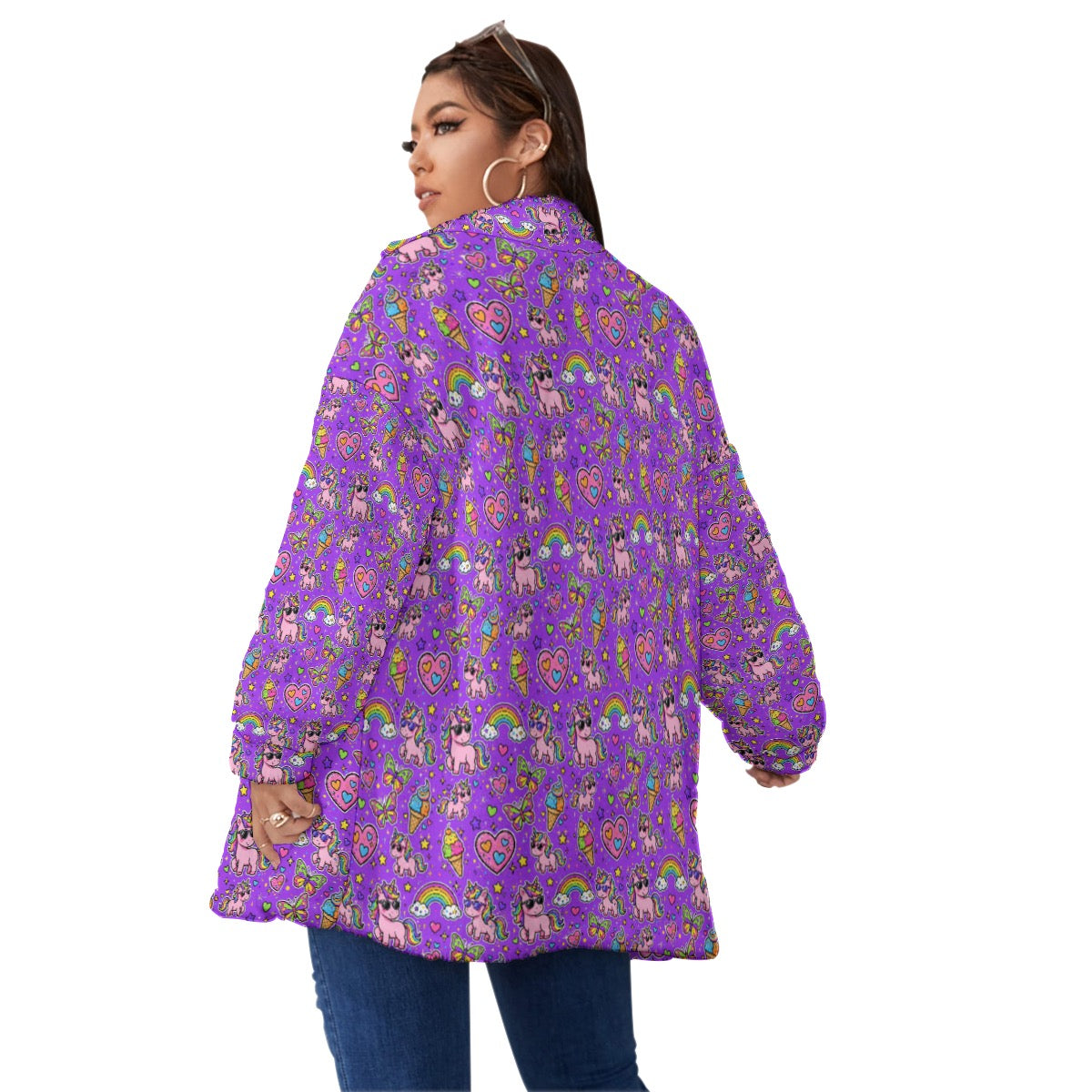 Purple Rainbow Unicorn Oversized Borg Fleece Coat ā Cozy Stand-Up Collar Zip-Up Jacket