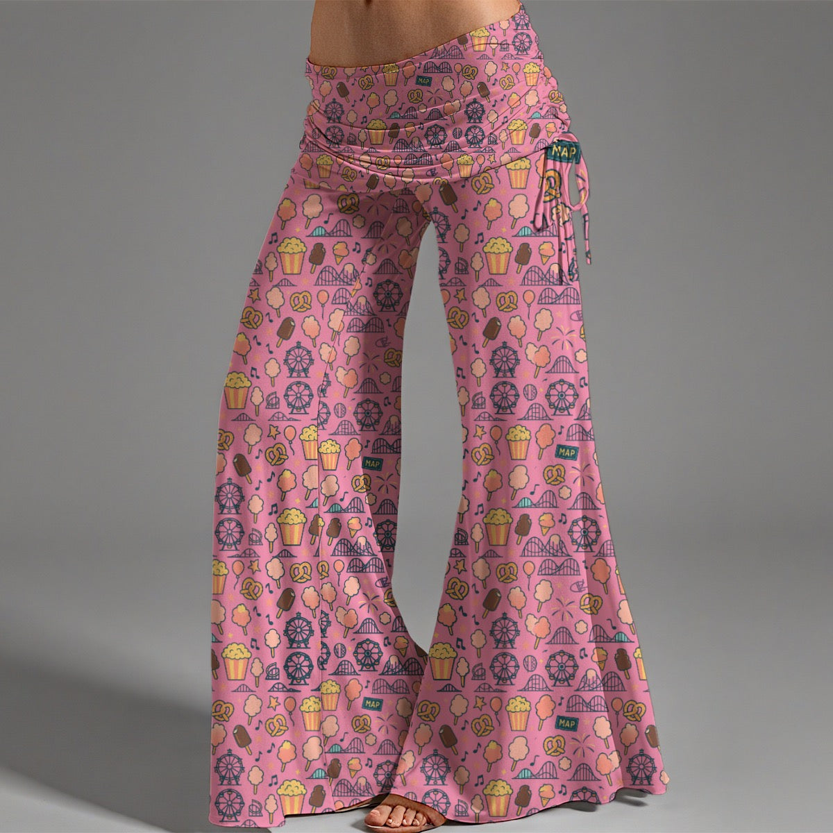Women's High Waist Wide Leg Pants Pink Theme Park Travel Snacks Yoga Cotton Candy Pretzel Pattern