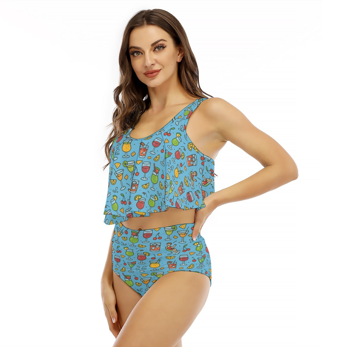Cheers From The Pool Deck All-Over Print Women's Ruffled Vest Bikini Swimsuit Couples Matching Swim