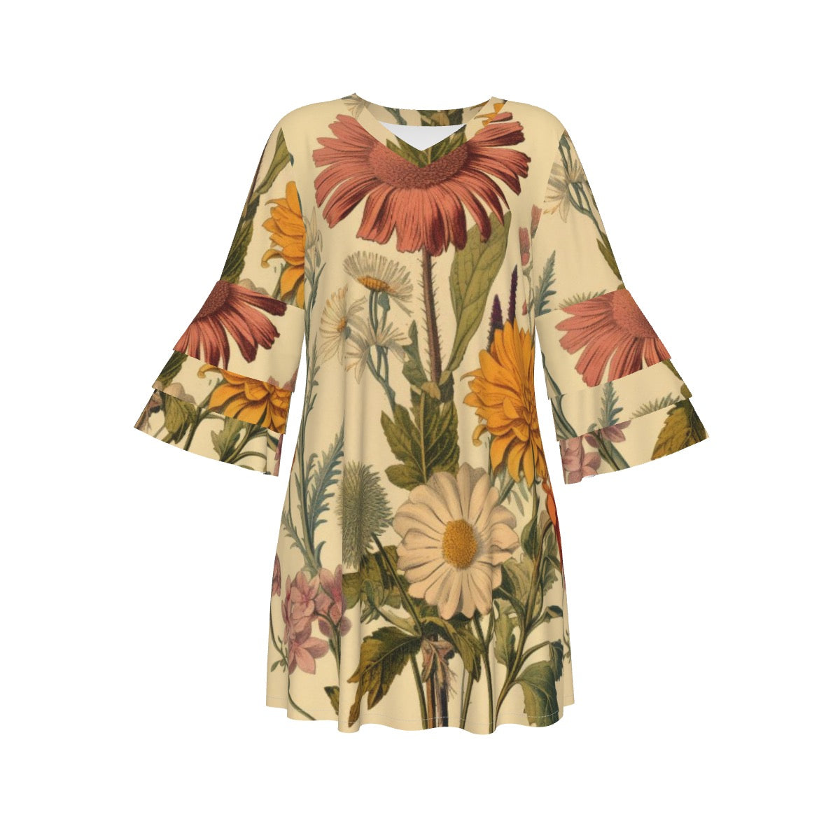 Fall Floral Hippie All-Over Print Women's Stacked Ruffle Sleeve Dress